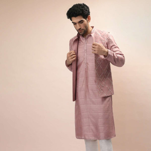 Carnation Pink Nehru Jacket And Kurta Set With Resham And Mirror Embroidered Checks