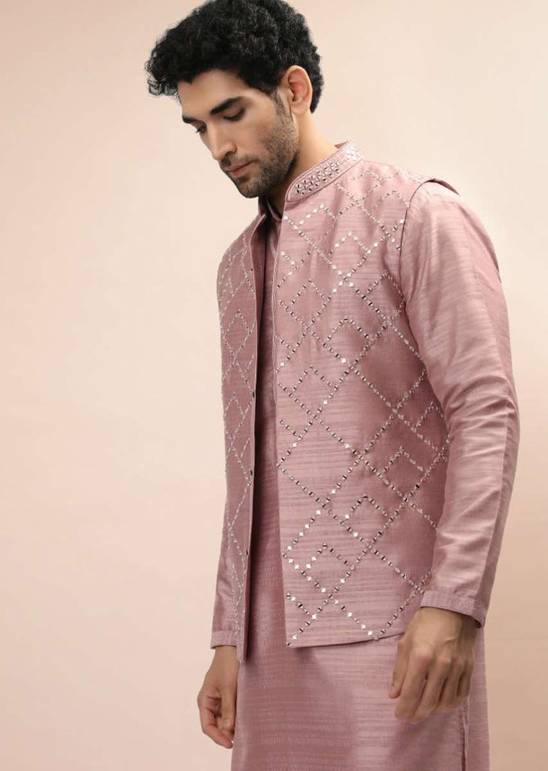 Carnation Pink Nehru Jacket And Kurta Set With Resham And Mirror Embroidered Checks