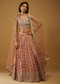 Rust Orange Lehenga Choli With Brocade Weave And Mirror Embroidery