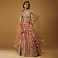Rust Orange Lehenga Choli With Brocade Weave And Mirror Embroidery