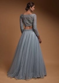 Carolina Blue Skirt In Net And Hand Embellished Crop Top With Sequins And Beads Work Online - Kalki Fashion