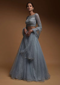 Carolina Blue Skirt In Net And Hand Embellished Crop Top With Sequins And Beads Work Online - Kalki Fashion