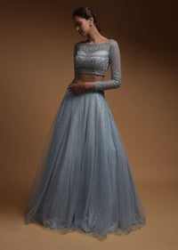 Carolina Blue Skirt In Net And Hand Embellished Crop Top With Sequins And Beads Work Online - Kalki Fashion