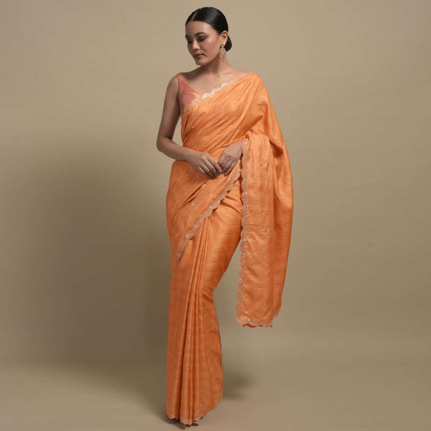 Carrot Orange Checks Saree With Abla Work On The Borders Online Kalki Fashion