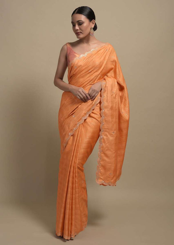 Carrot Orange Checks Saree With Abla Work On The Borders Online Kalki Fashion