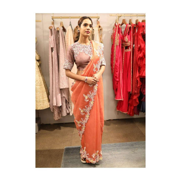 Carrot Orange Saree In Organza With Thread And Mirror Embroidered Floral Pattern On The Border Online - Kalki Fashion