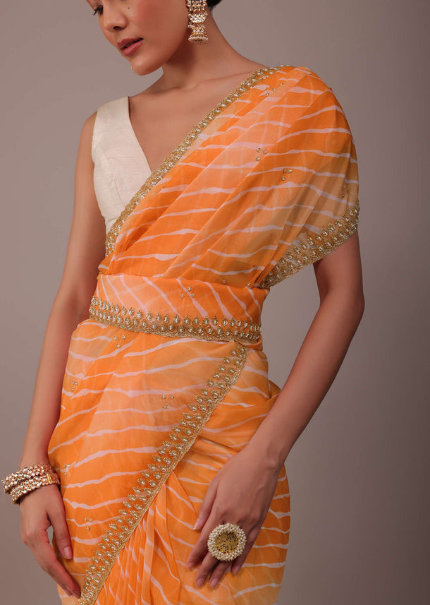 Carrot Orange Printed Leheriya Saree In Organza