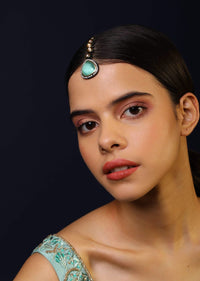 Carved Green Stone Necklace, Earrings And Mangtika Set Edged In Swarovski And Kundan
