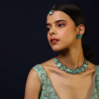 Carved Green Stone Necklace, Earrings And Mangtika Set Edged In Swarovski And Kundan
