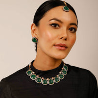 Carved Green Stone Necklace Set Edged In Swarovski With Matching Stud Earrings And Mangtika