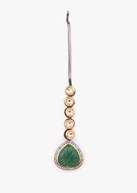 Carved Green Stone Necklace Set Edged In Swarovski With Matching Stud Earrings And Mangtika