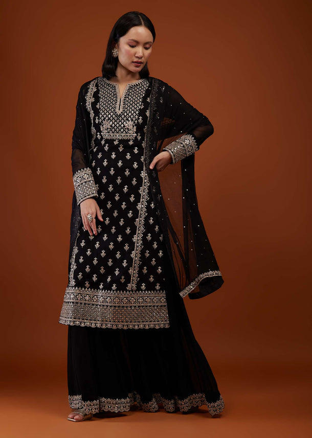 Caviar Black Embroidered Georgette Palazzo Suit