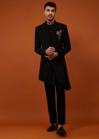 Caviar Black Indo-Western Sherwani Set Embroidered In Imported Suiting Fabric