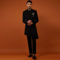 Caviar Black Indo-Western Sherwani Set Embroidered In Imported Suiting Fabric