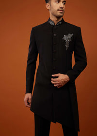 Caviar Black Indo-Western Sherwani Set Embroidered In Imported Suiting Fabric