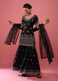 Black Lucknowi Sharara Suit In Cotton With Embroidery