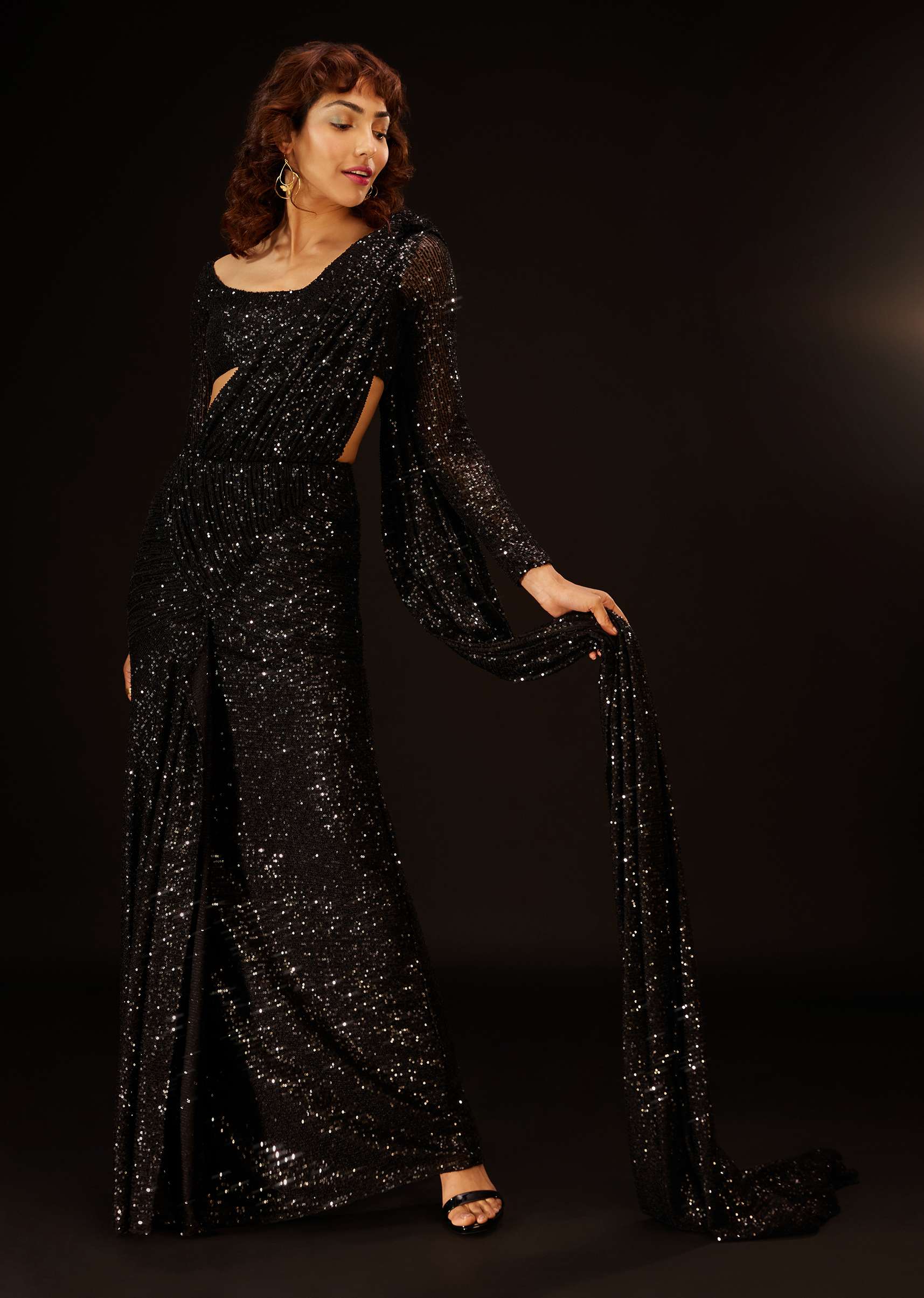 Caviar Black Pre-Pleated Saree In Sequins - DEME X KALKI