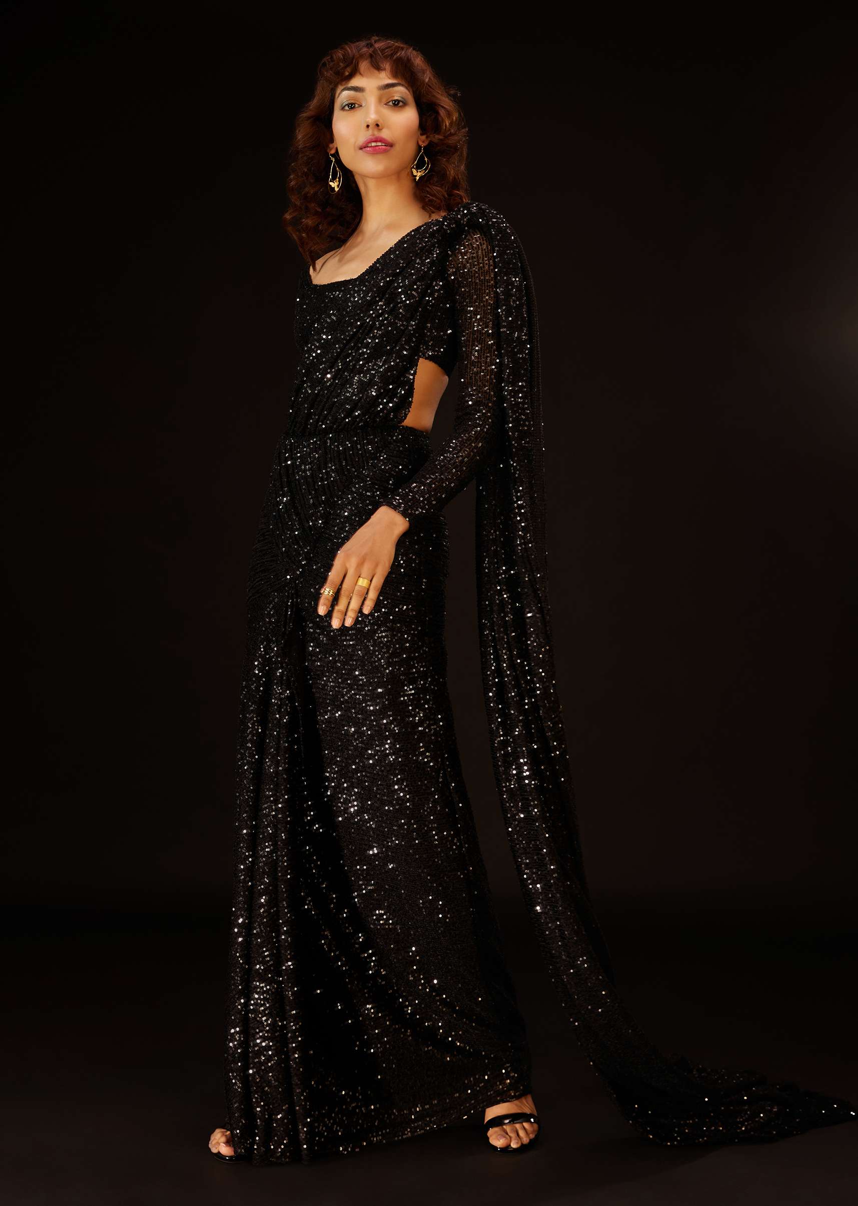 Caviar Black Pre-Pleated Saree In Sequins - DEME X KALKI