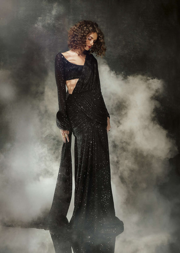 Caviar Black Pre-Pleated Saree In Sequins - DEME X KALKI