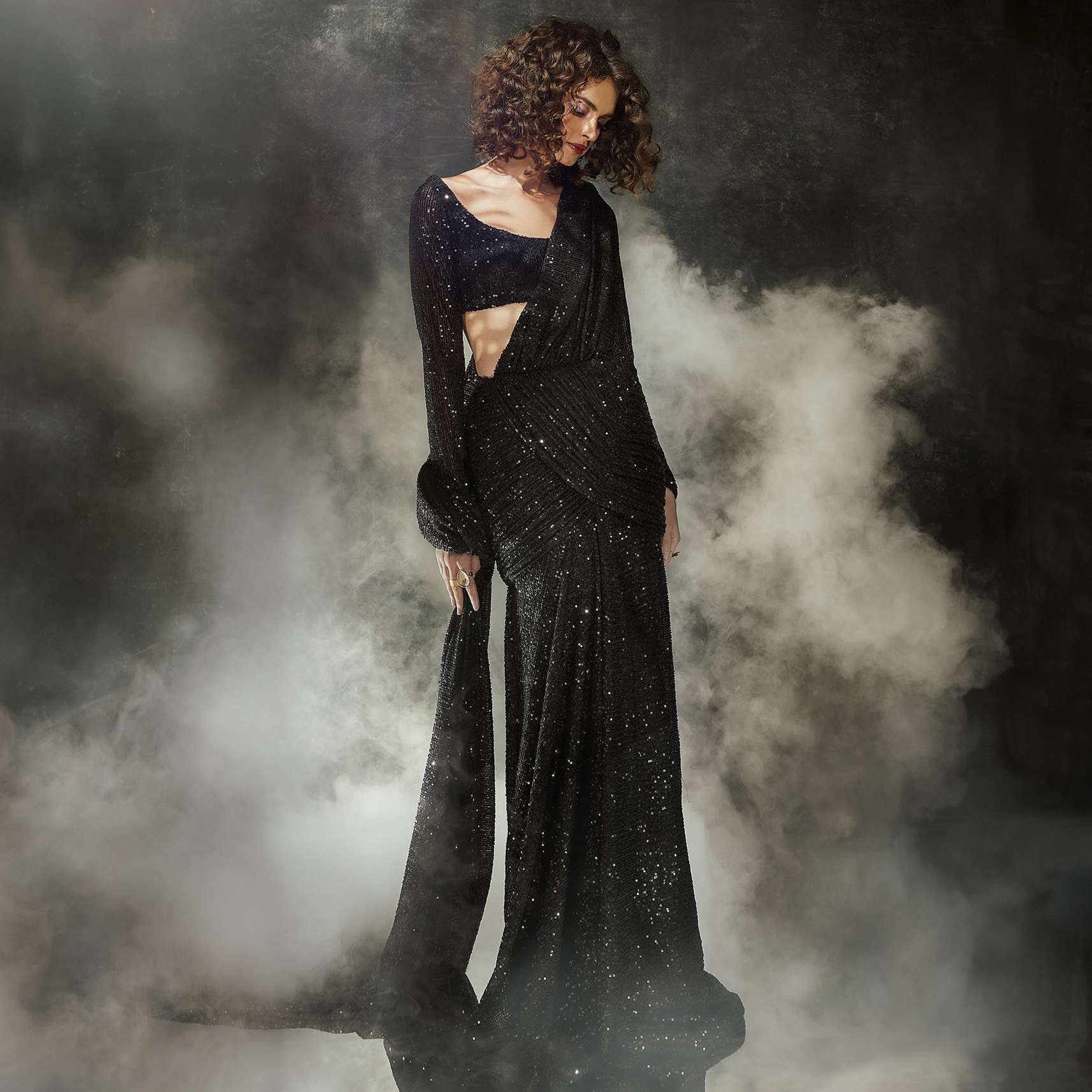 Caviar Black Pre-Pleated Saree In Sequins - DEME X KALKI