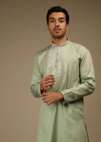 Celadon Green Kurta Set In Silk With Resham And Mirror Abla Embroidered Yoke Design