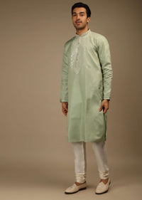 Celadon Green Kurta Set In Silk With Resham And Mirror Abla Embroidered Yoke Design