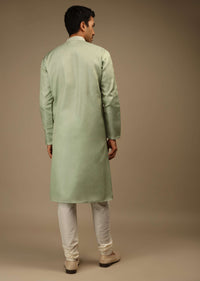 Celadon Green Kurta Set In Silk With Resham And Mirror Abla Embroidered Yoke Design