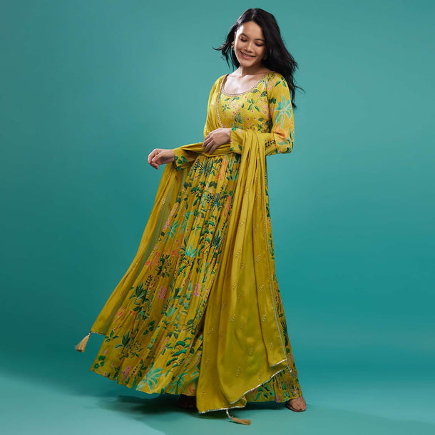 Citrus Green Chinon Tiered Floral Anarkali Suit