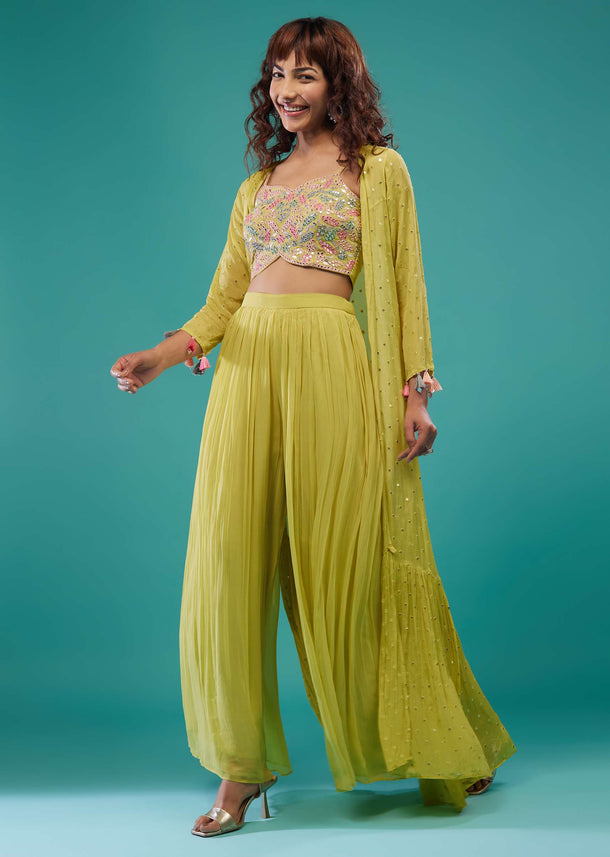 Lime Green Embroidered Palazzo Crop-Top Set In Georgette With Shrug