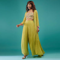 Lime Green Embroidered Palazzo Crop-Top Set In Georgette With Shrug