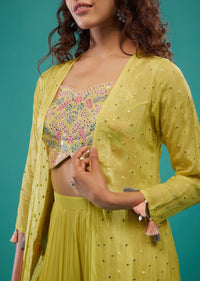 Lime Green Embroidered Palazzo Crop-Top Set In Georgette With Shrug