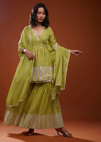 Lime Green Sharara Suit Set With Angarakha Top