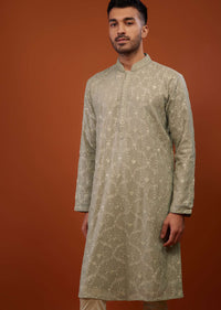 Cloud Grey Mirror Embroidered Kurta Set In Cotton Silk