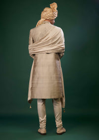 Tan Brown Thread And Zari Embroidered Silk Sherwani Set