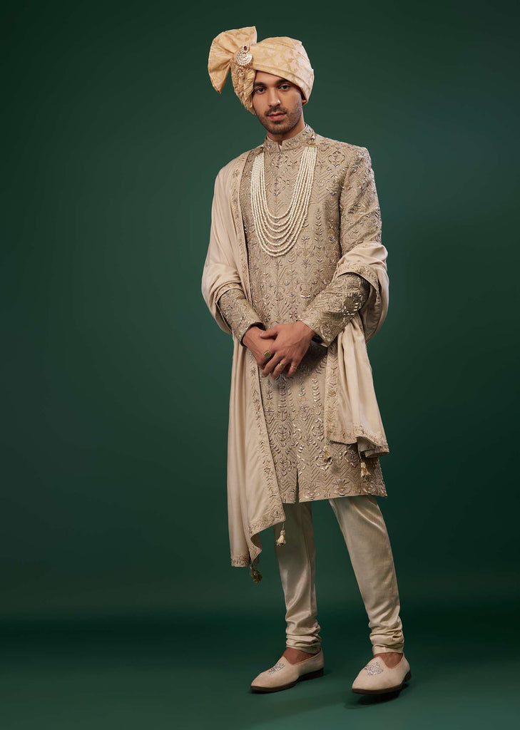 Tan Brown Thread And Zari Embroidered Silk Sherwani Set