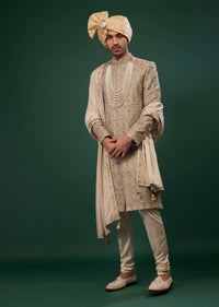 Tan Brown Thread And Zari Embroidered Silk Sherwani Set
