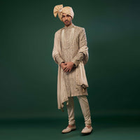 Tan Brown Thread And Zari Embroidered Silk Sherwani Set