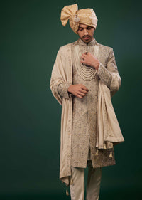 Tan Brown Thread And Zari Embroidered Silk Sherwani Set