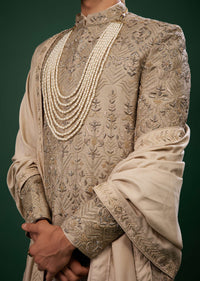 Tan Brown Thread And Zari Embroidered Silk Sherwani Set