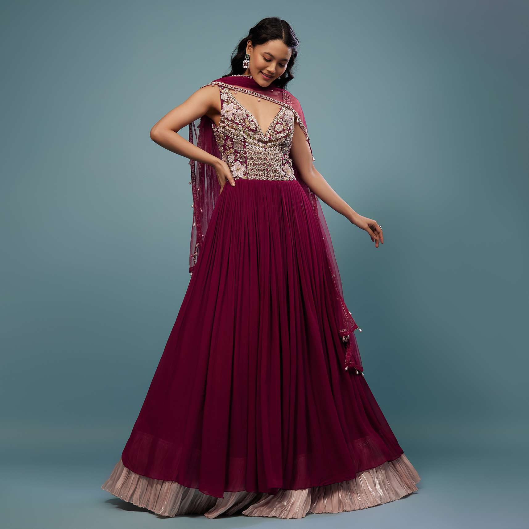 Wine Red Embroidered Anarkali Suit In Viscose Georgette