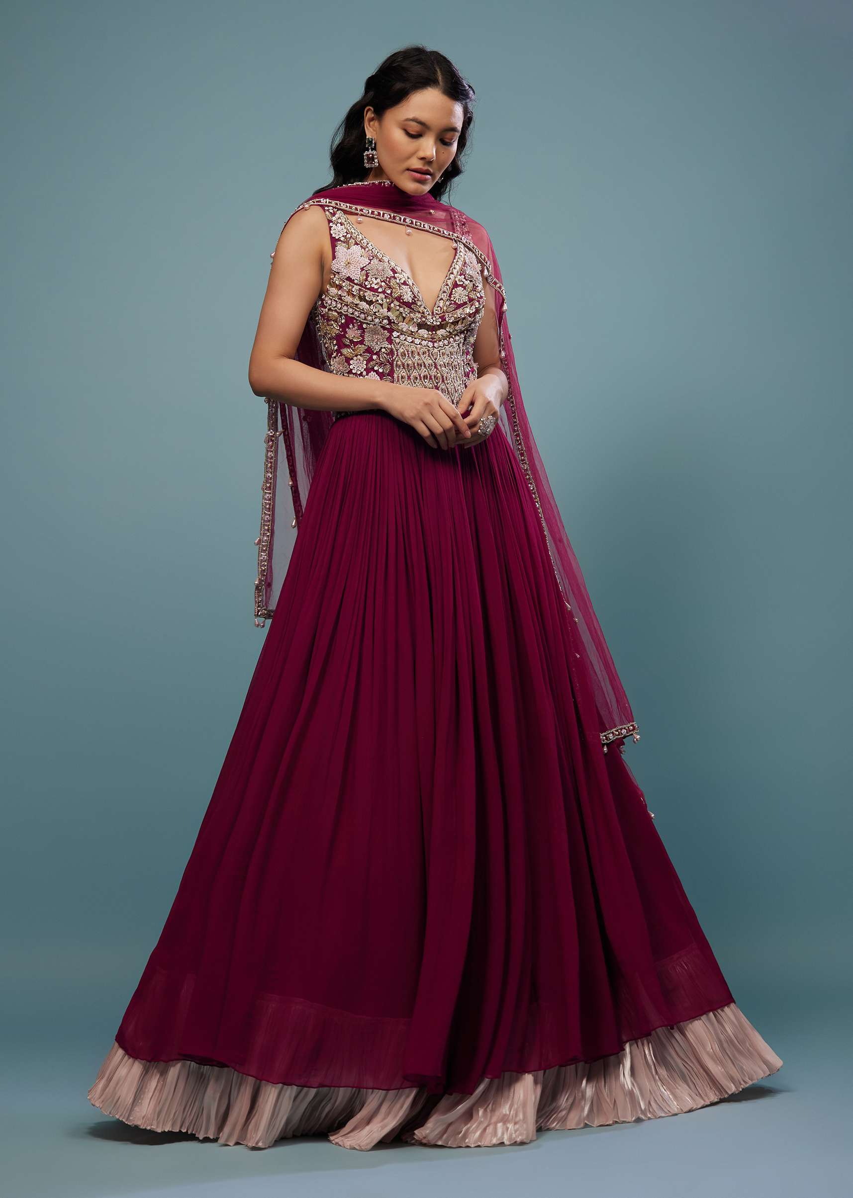 Wine Red Embroidered Anarkali Suit In Viscose Georgette