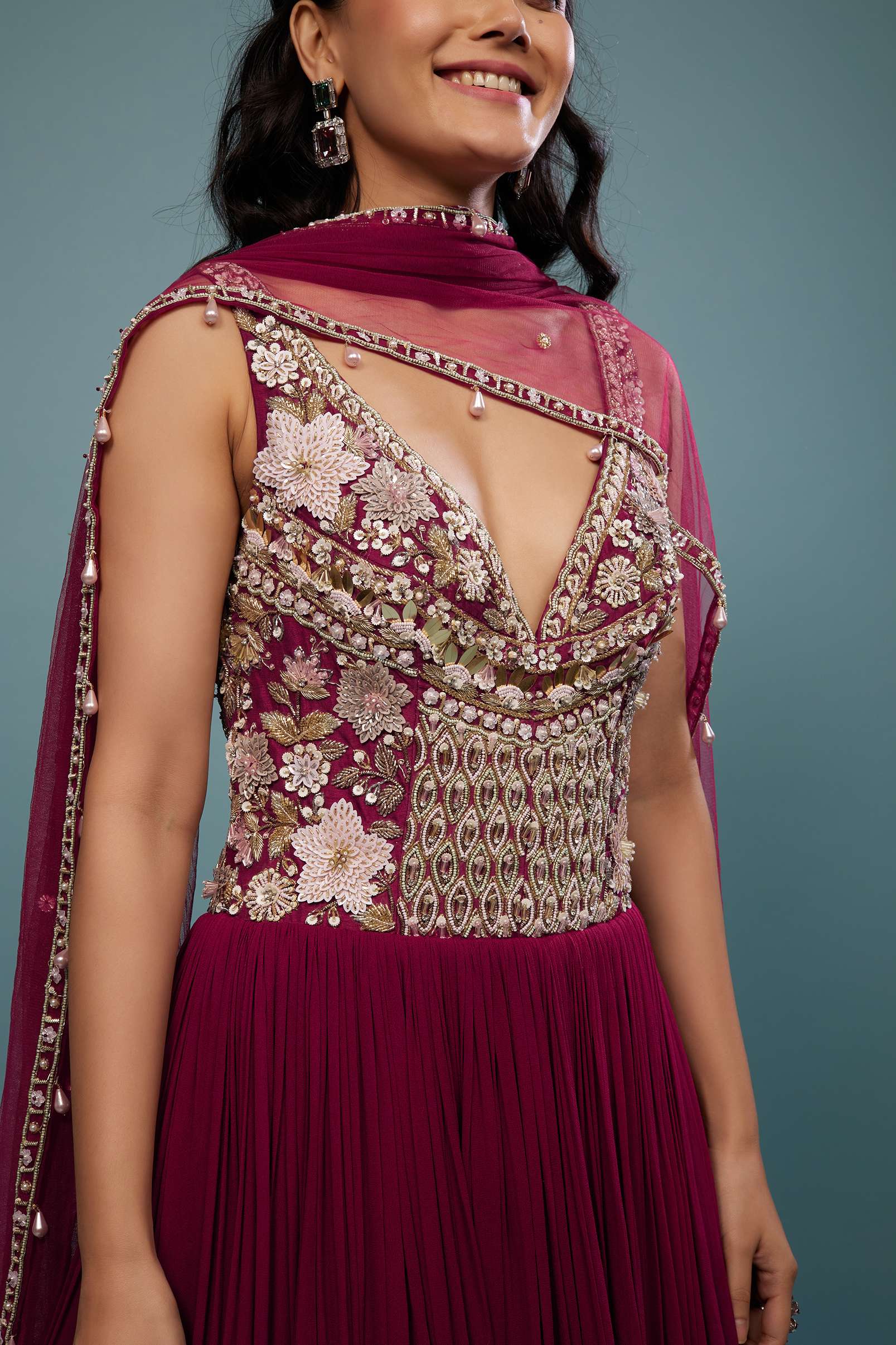 Wine Red Embroidered Anarkali Suit In Viscose Georgette