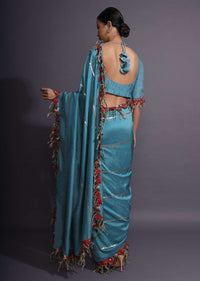 Cerulean Blue Saree With Thread Embroidered Floral Design And Tassels On The Border Online - Kalki Fashion