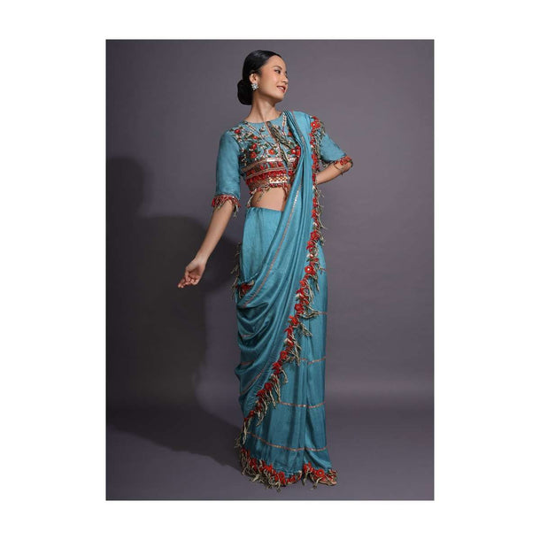 Cerulean Blue Saree With Thread Embroidered Floral Design And Tassels On The Border Online - Kalki Fashion