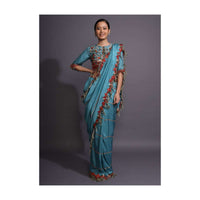 Cerulean Blue Saree With Thread Embroidered Floral Design And Tassels On The Border Online - Kalki Fashion