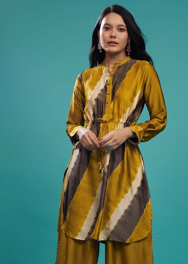 Ceylon Cotton Silk Ocher Yellow Tie-Dye Top With Palazzo