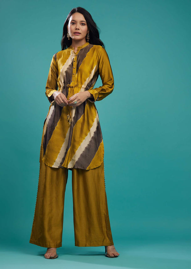 Ceylon Cotton Silk Ocher Yellow Tie-Dye Top With Palazzo