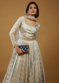 Frost White Anarkali Suit With Floral Brocade Weave And Mirror Embroidery