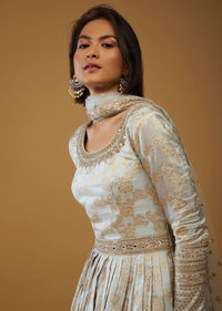 Frost White Anarkali Suit With Floral Brocade Weave And Mirror Embroidery