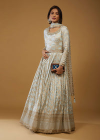 Frost White Anarkali Suit With Floral Brocade Weave And Mirror Embroidery